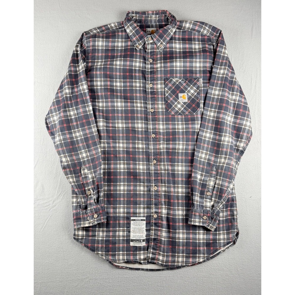 Carhartt FR Plaid Shirt Mens Large Tall Flame Resistant Navy Red Workwear Heavy